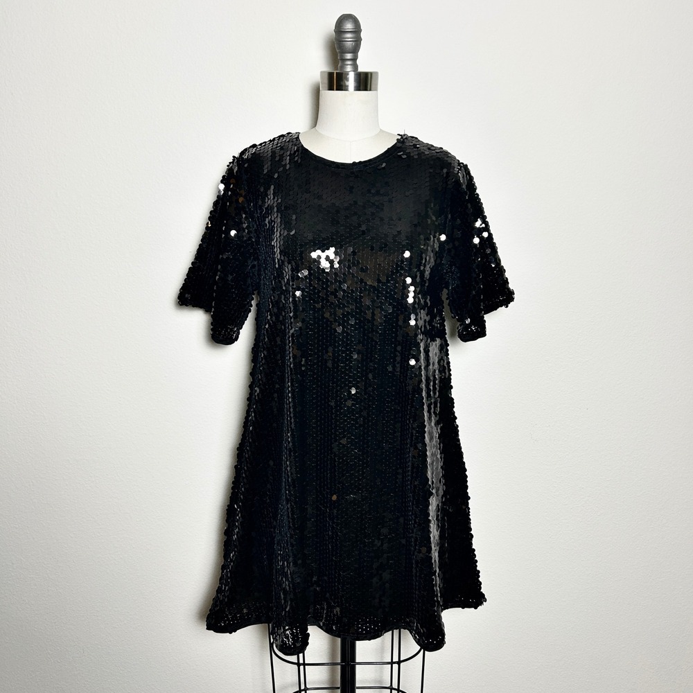 Maeve Black Sequin Short Sleeve Shift Mini Dress Anthropologie Women Size XS NWT